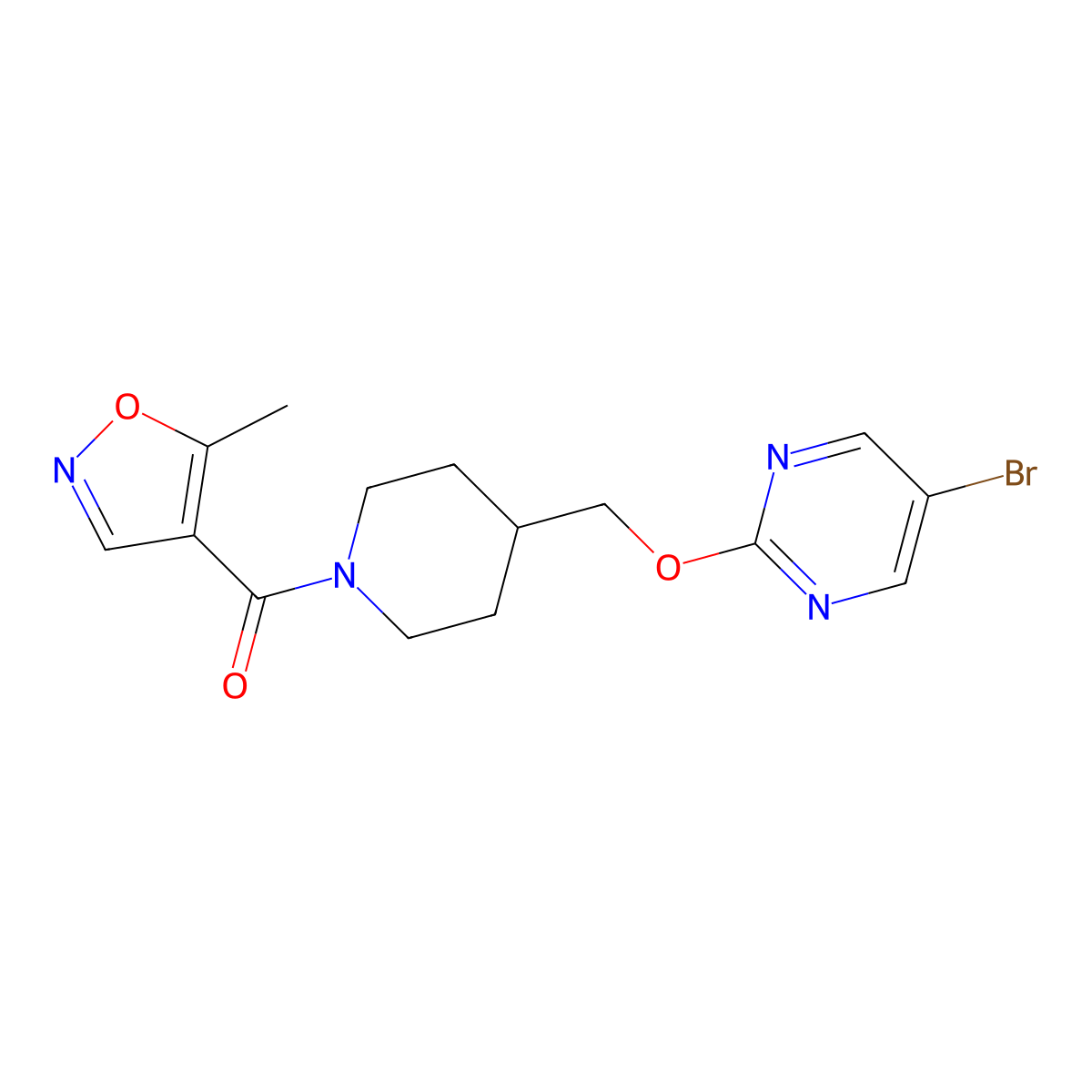 5-Bromo-2-{[1-(5-methyl-1,2-oxazole-4-carbonyl)piperidin-4-yl]methoxy}pyrimidine molecular structure, CAS 2380042-63-5