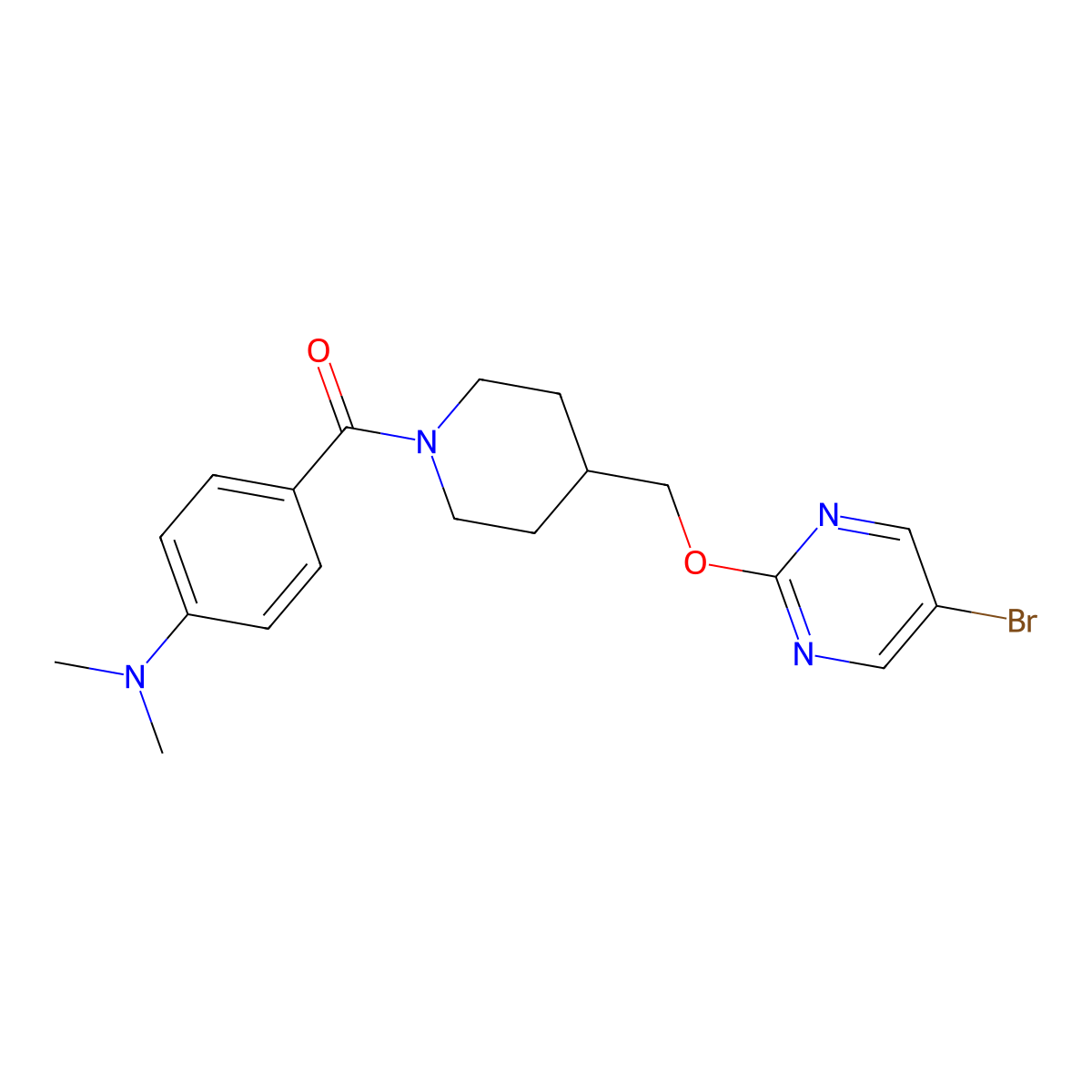 4-(4-{[(5-bromopyrimidin-2-yl)oxy]methyl}piperidine-1-carbonyl)-N,N-dimethylaniline molecular structure, CAS 2380042-76-0