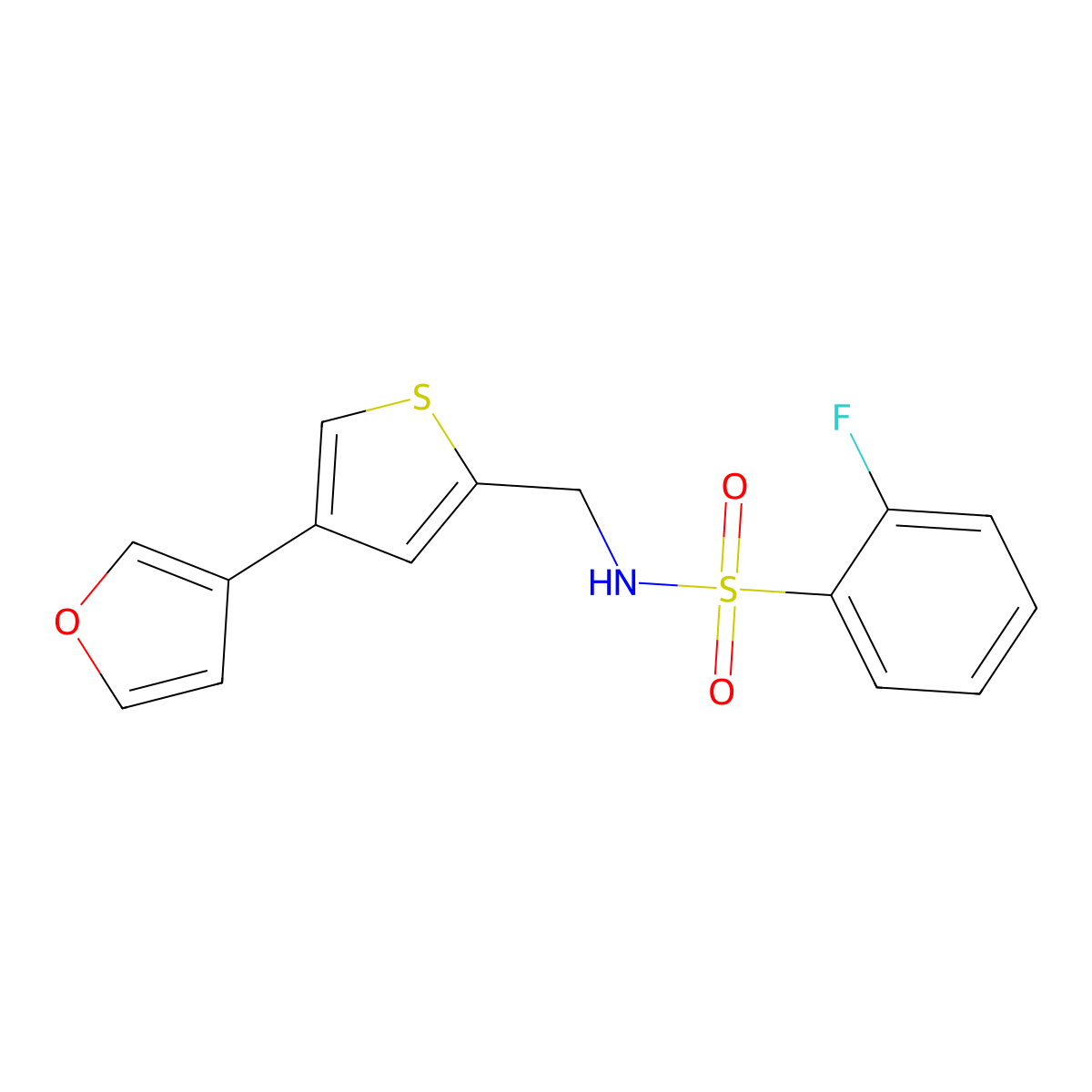 2-fluoro-N-{[4-(furan-3-yl)thiophen-2-yl]methyl}benzene-1-sulfonamide molecular structure, CAS 2380042-93-1
