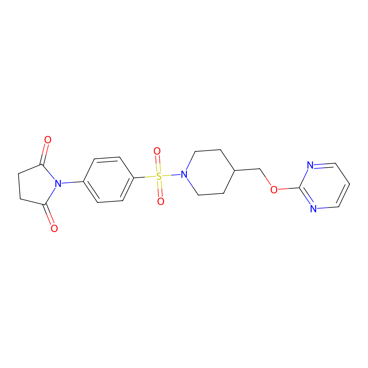 1-[4-({4-[(Pyrimidin-2-yloxy)methyl]piperidin-1-yl}sulfonyl)phenyl]pyrrolidine-2,5-dione molecular structure, CAS 2380042-97-5