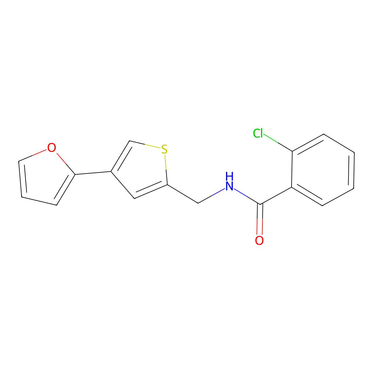 2-chloro-N-{[4-(furan-2-yl)thiophen-2-yl]methyl}benzamide molecular structure, CAS 2380043-00-3