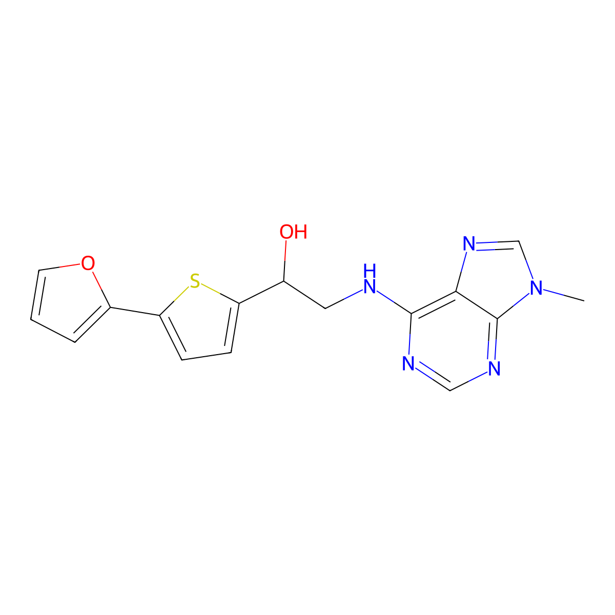 1-[5-(furan-2-yl)thiophen-2-yl]-2-[(9-methyl-9H-purin-6-yl)amino]ethan-1-ol molecular structure, CAS 2380043-12-7