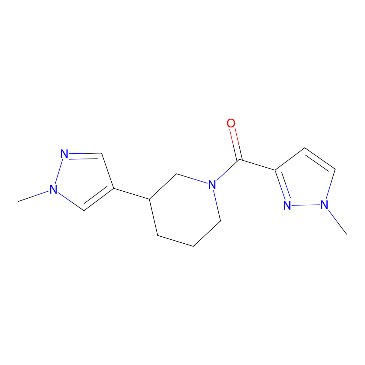 3-(1-methyl-1H-pyrazol-4-yl)-1-(1-methyl-1H-pyrazole-3-carbonyl)piperidine molecular structure, CAS 2380043-15-0