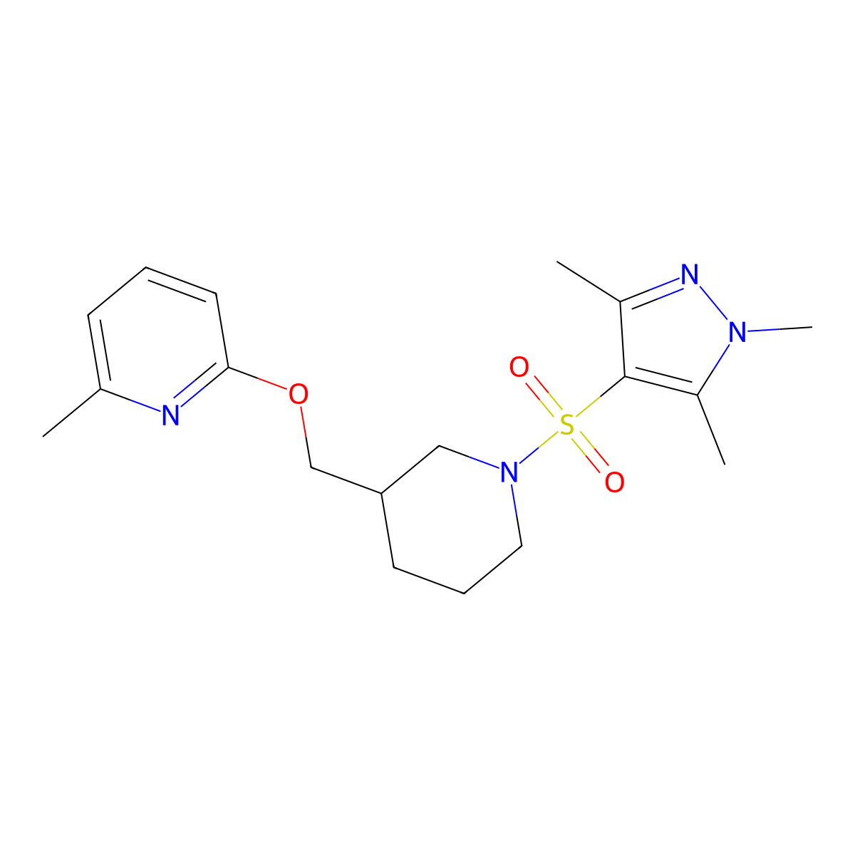 2-methyl-6-({1-[(1,3,5-trimethyl-1H-pyrazol-4-yl)sulfonyl]piperidin-3-yl}methoxy)pyridine molecular structure, CAS 2380043-19-4