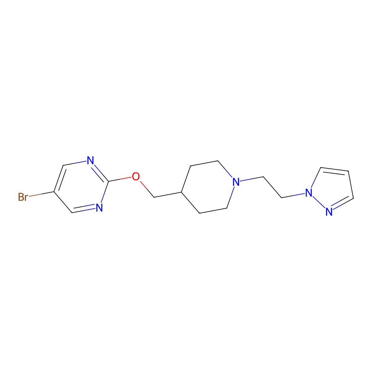 5-bromo-2-({1-[2-(1H-pyrazol-1-yl)ethyl]piperidin-4-yl}methoxy)pyrimidine molecular structure, CAS 2380043-26-3