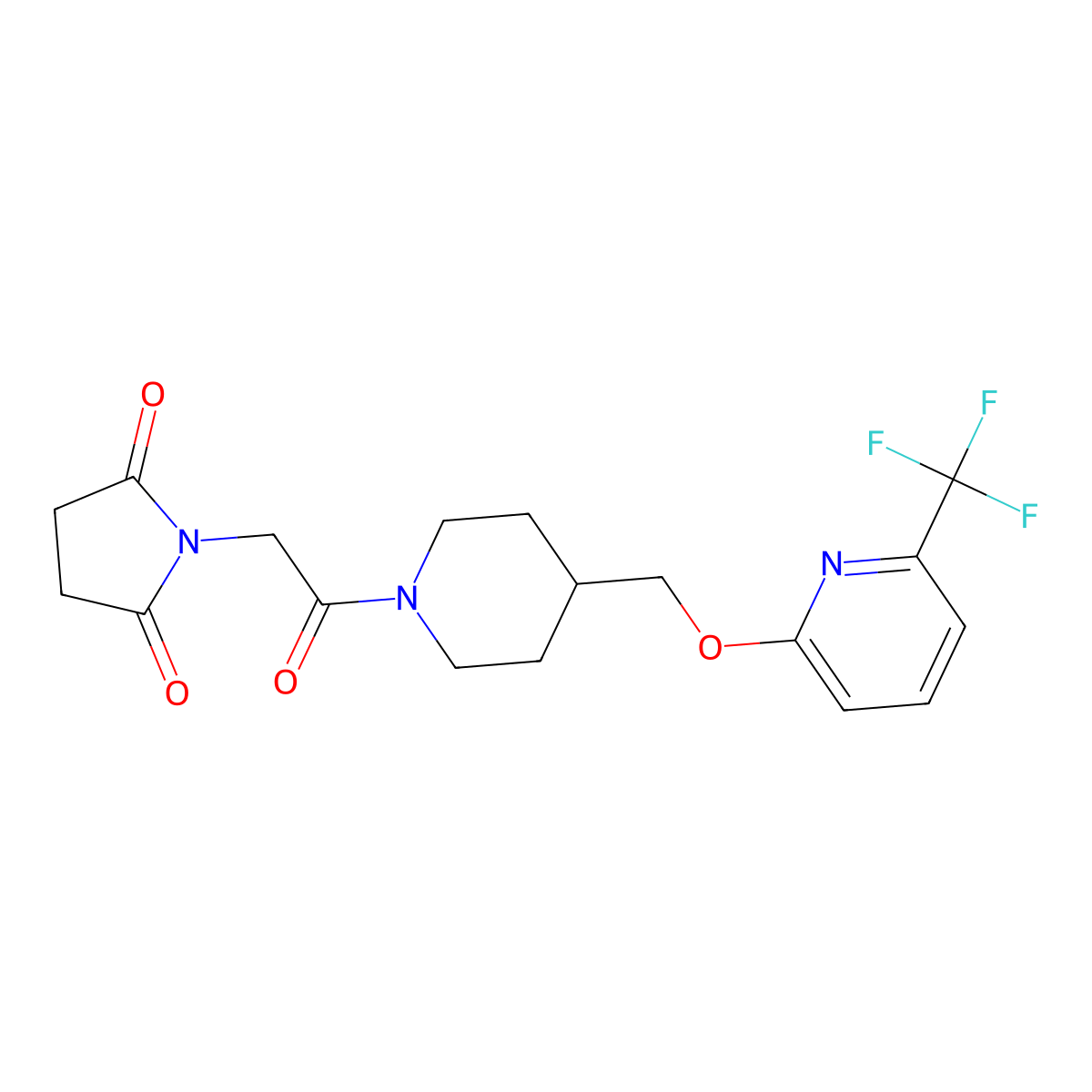 1-{2-Oxo-2-[4-({[6-(trifluoromethyl)pyridin-2-yl]oxy}methyl)piperidin-1-yl]ethyl}pyrrolidine-2,5-dione molecular structure, CAS 2380043-32-1