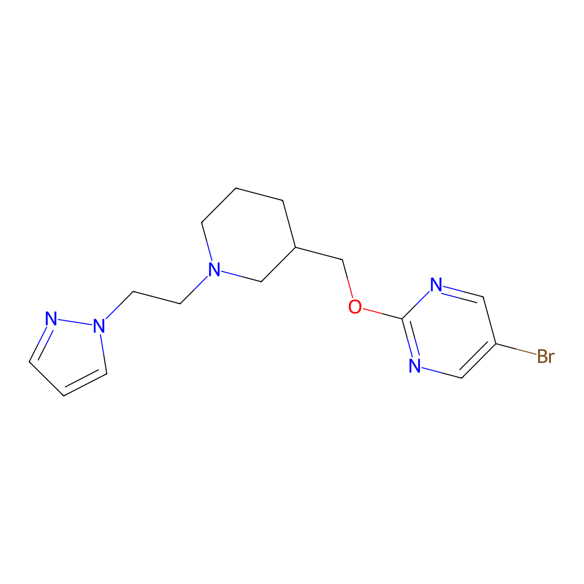 5-bromo-2-({1-[2-(1H-pyrazol-1-yl)ethyl]piperidin-3-yl}methoxy)pyrimidine molecular structure, CAS 2380043-35-4