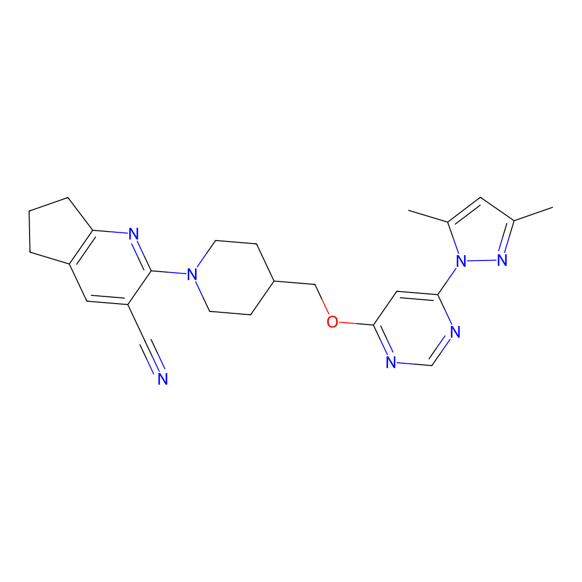 2-[4-({[6-(3,5-dimethyl-1H-pyrazol-1-yl)pyrimidin-4-yl]oxy}methyl)piperidin-1-yl]-5H,6H,7H-cyclopenta[b]pyridine-3-carbonitrile molecular structure, CAS 2380043-37-6