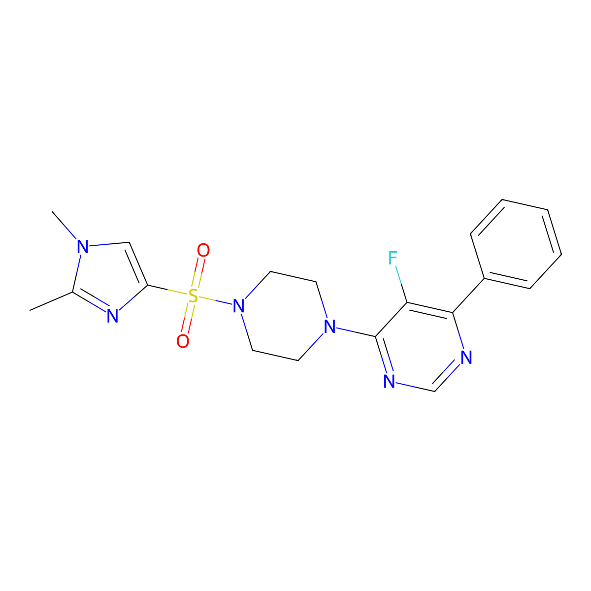 4-{4-[(1,2-dimethyl-1H-imidazol-4-yl)sulfonyl]piperazin-1-yl}-5-fluoro-6-phenylpyrimidine molecular structure, CAS 2380043-43-4
