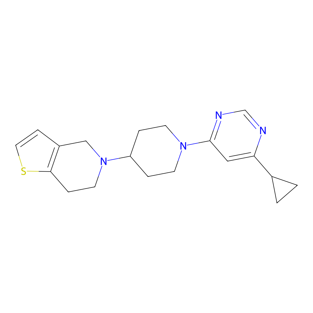 4-cyclopropyl-6-(4-{4H,5H,6H,7H-thieno[3,2-c]pyridin-5-yl}piperidin-1-yl)pyrimidine molecular structure, CAS 2380043-54-7