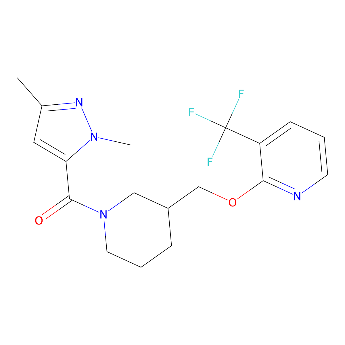 2-{[1-(1,3-dimethyl-1H-pyrazole-5-carbonyl)piperidin-3-yl]methoxy}-3-(trifluoromethyl)pyridine molecular structure, CAS 2380043-58-1