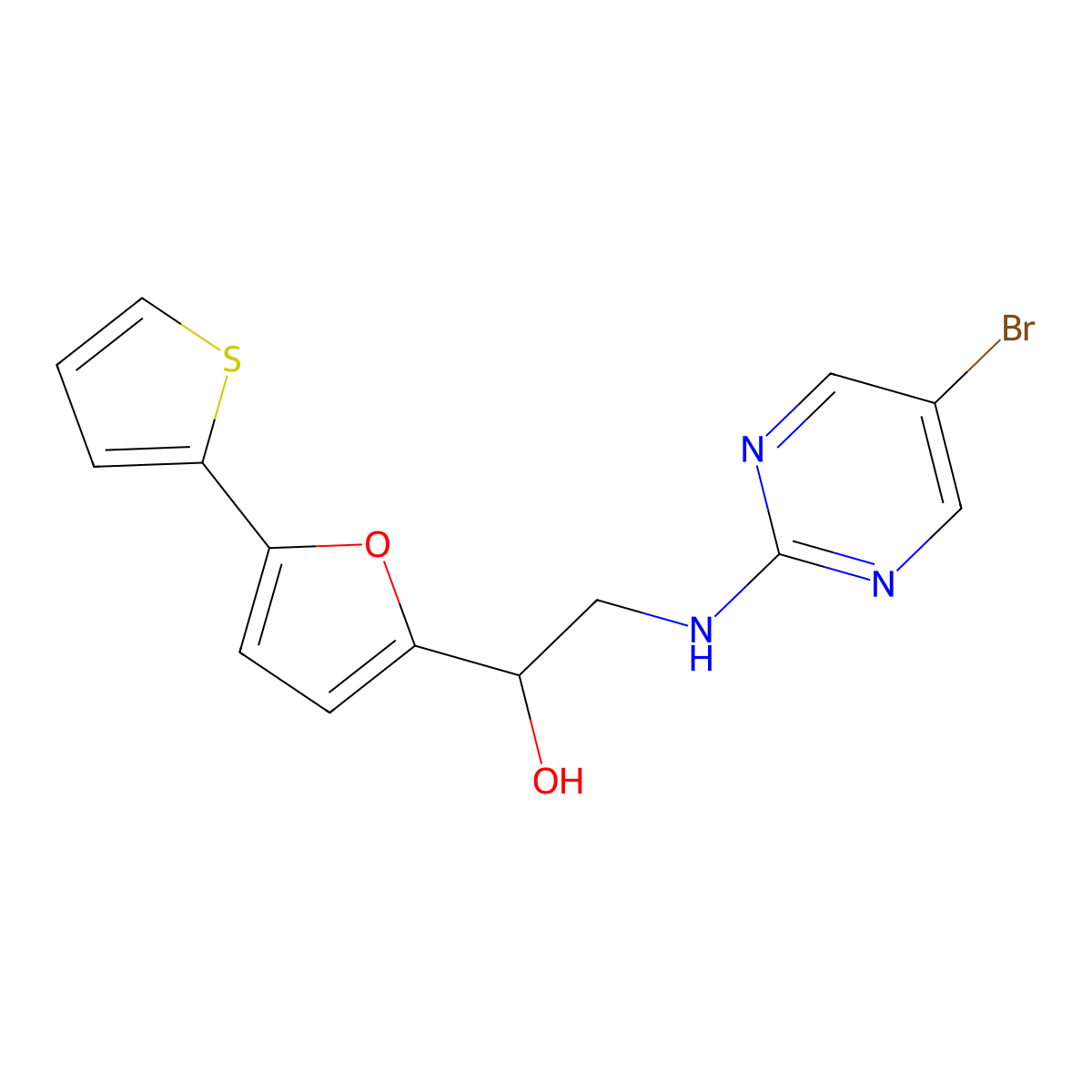 2-[(5-Bromopyrimidin-2-yl)amino]-1-[5-(thiophen-2-yl)furan-2-yl]ethan-1-ol molecular structure, CAS 2380043-62-7