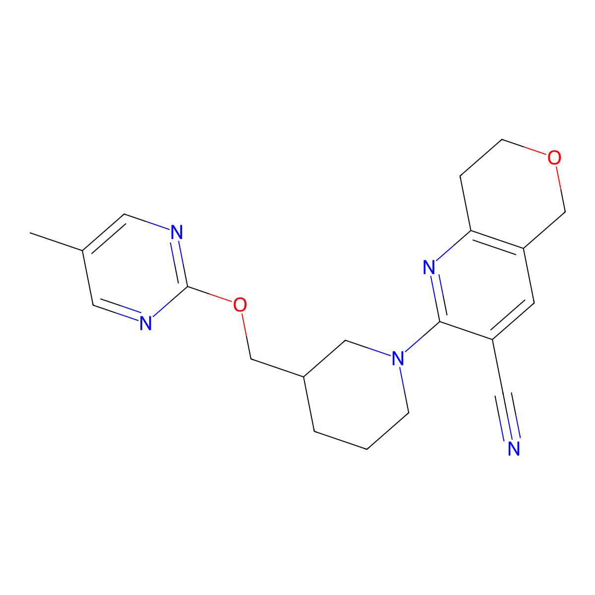 2-(3-{[(5-methylpyrimidin-2-yl)oxy]methyl}piperidin-1-yl)-5H,7H,8H-pyrano[4,3-b]pyridine-3-carbonitrile molecular structure, CAS 2380043-65-0