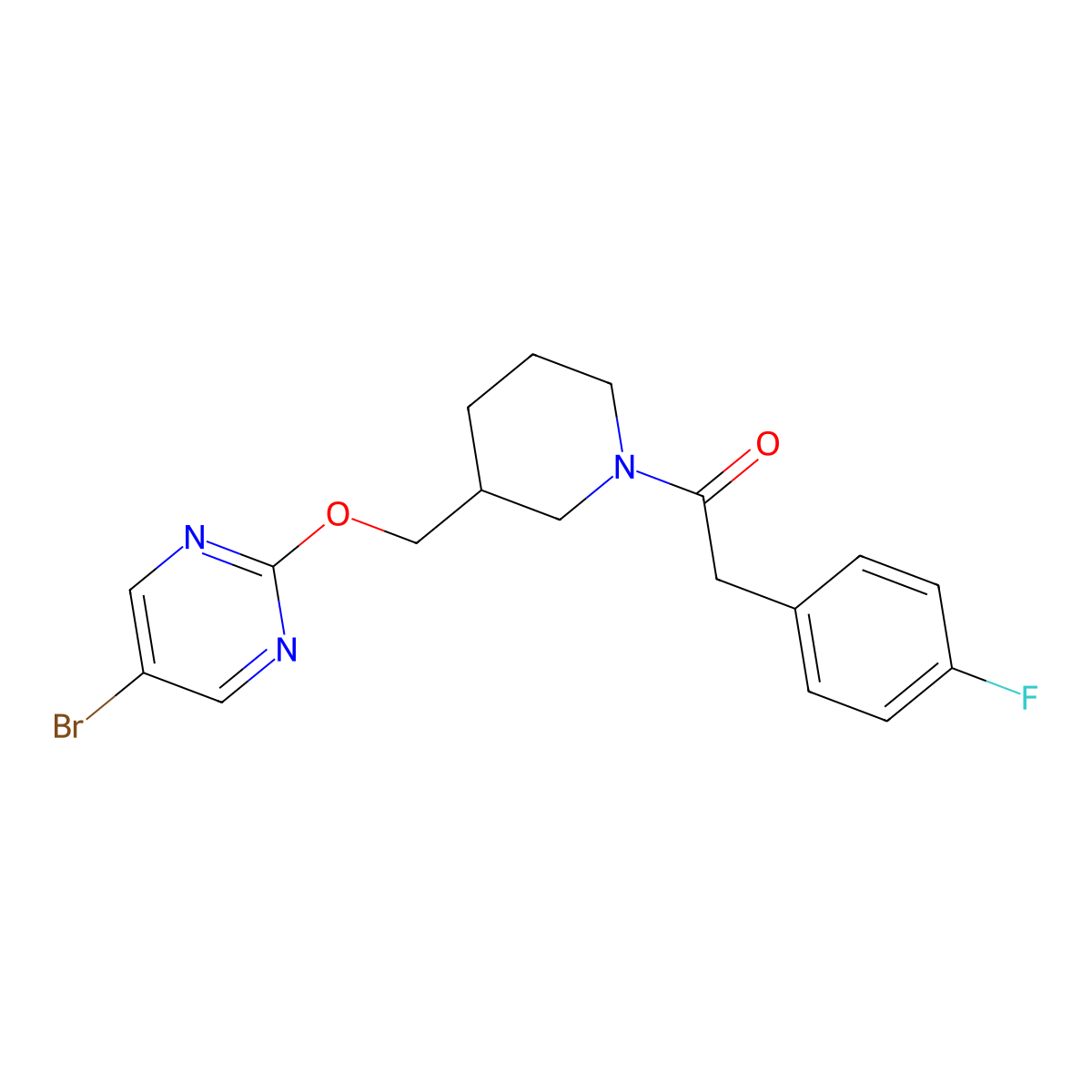 1-(3-{[(5-Bromopyrimidin-2-yl)oxy]methyl}piperidin-1-yl)-2-(4-fluorophenyl)ethan-1-one molecular structure, CAS 2380043-67-2