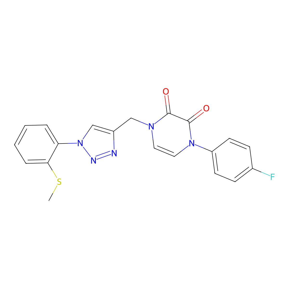 1-(4-Fluorophenyl)-4-[[1-(2-methylsulfanylphenyl)triazol-4-yl]methyl]pyrazine-2,3-dione molecular structure, CAS 2380043-77-4