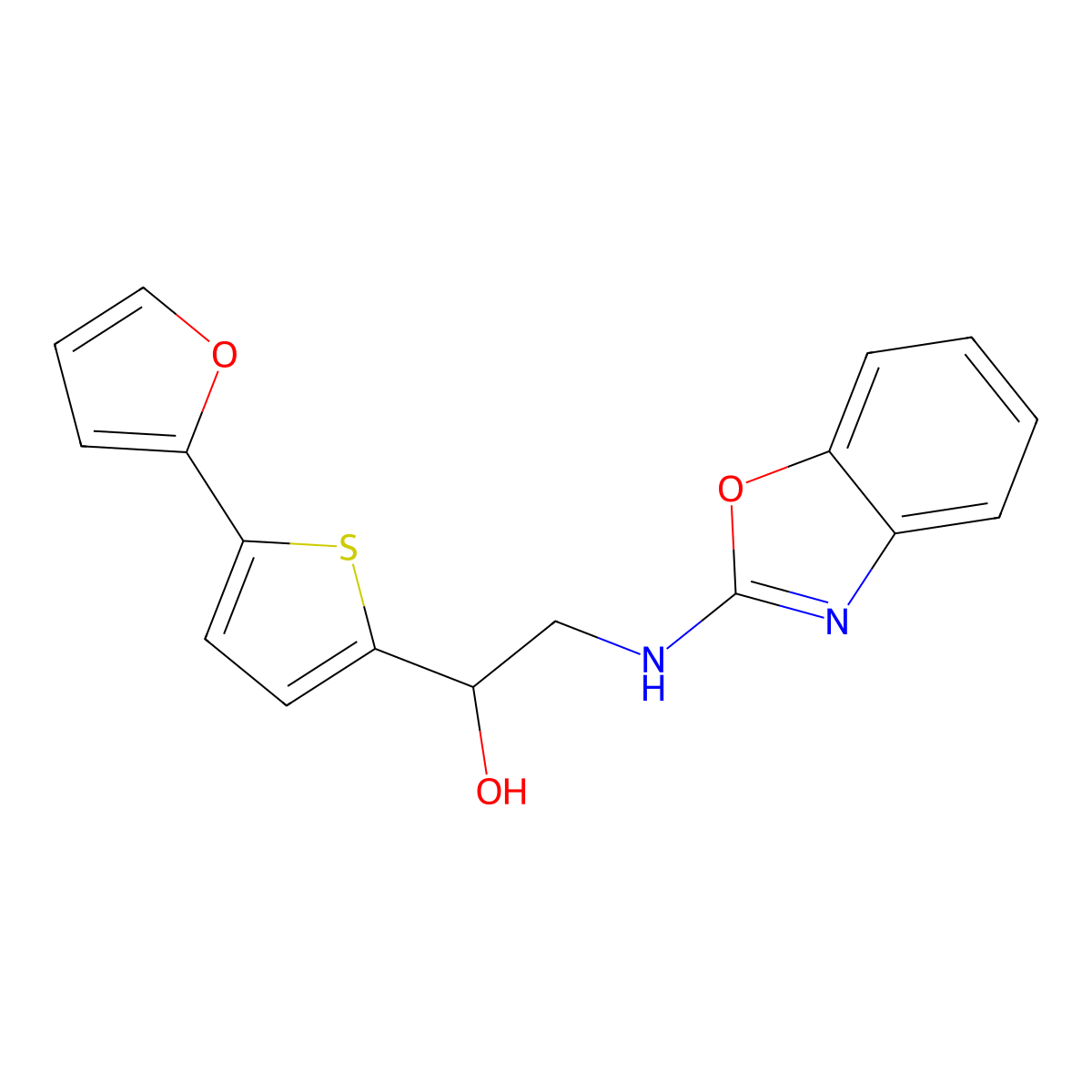 2-[(1,3-Benzoxazol-2-yl)amino]-1-[5-(furan-2-yl)thiophen-2-yl]ethan-1-ol molecular structure, CAS 2380043-82-1