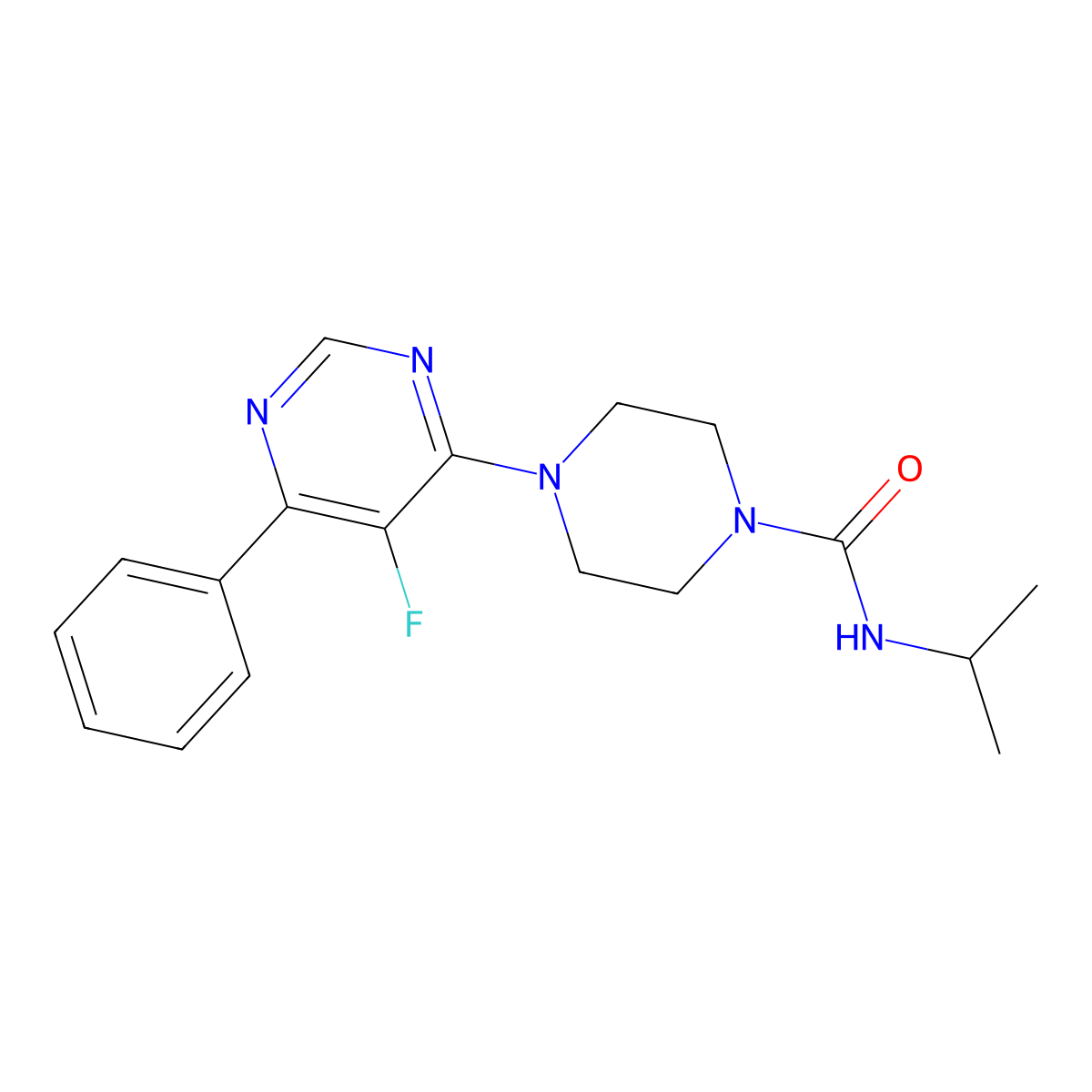 4-(5-fluoro-6-phenylpyrimidin-4-yl)-N-(propan-2-yl)piperazine-1-carboxamide molecular structure, CAS 2380043-98-9