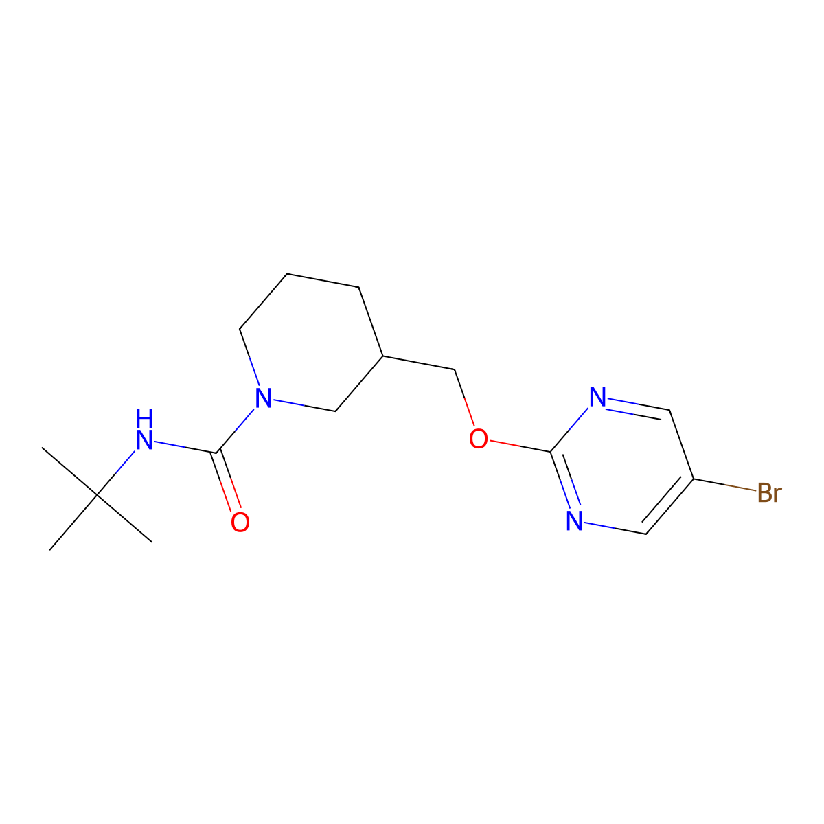 3-{[(5-bromopyrimidin-2-yl)oxy]methyl}-N-tert-butylpiperidine-1-carboxamide molecular structure, CAS 2380044-07-3