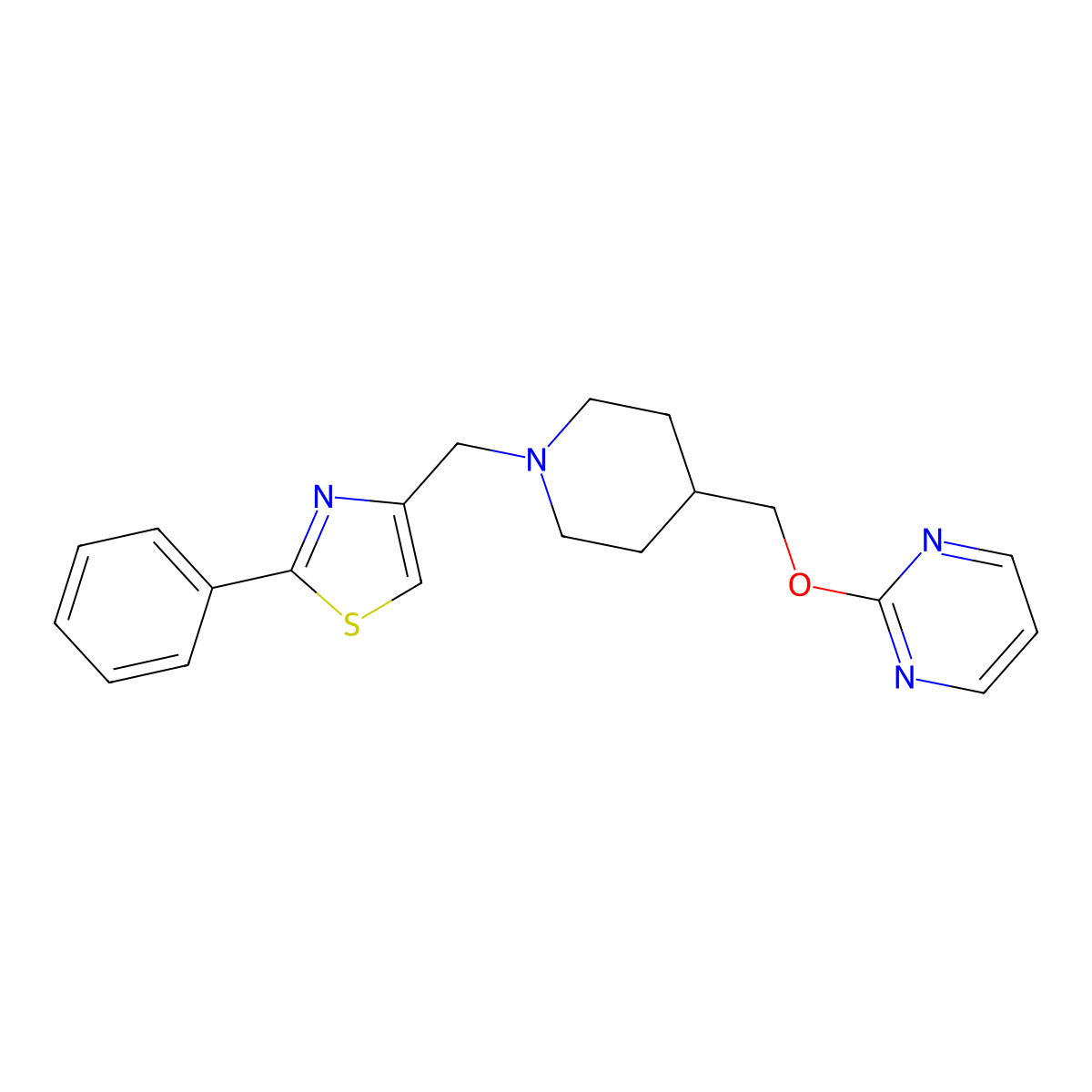 2-({1-[(2-Phenyl-1,3-thiazol-4-yl)methyl]piperidin-4-yl}methoxy)pyrimidine molecular structure, CAS 2380044-21-1