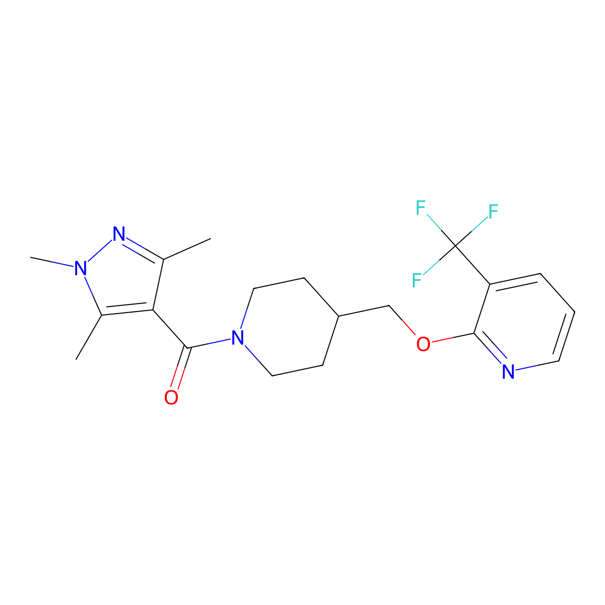 3-(trifluoromethyl)-2-{[1-(1,3,5-trimethyl-1H-pyrazole-4-carbonyl)piperidin-4-yl]methoxy}pyridine molecular structure, CAS 2380044-38-0