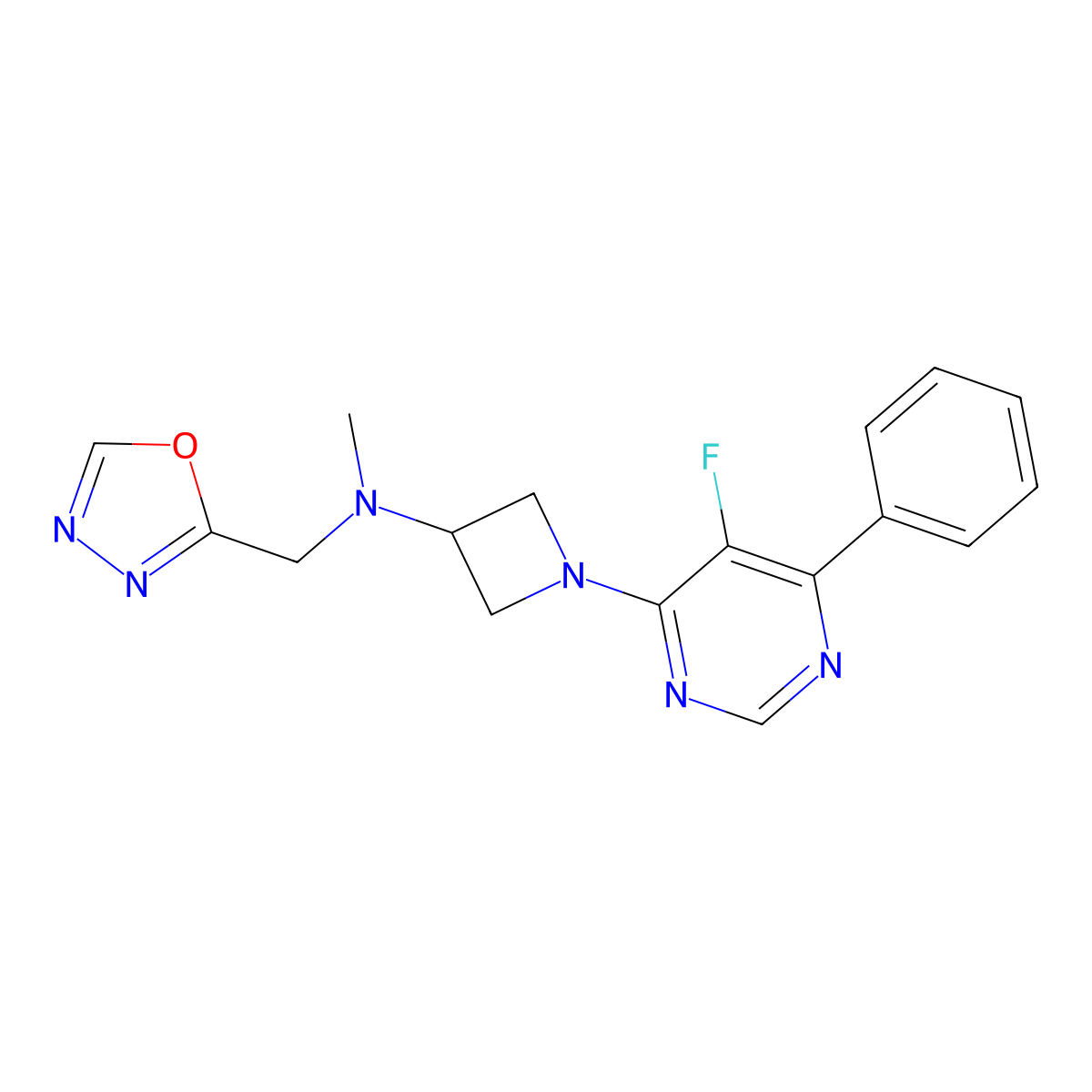 1-(5-fluoro-6-phenylpyrimidin-4-yl)-N-methyl-N-[(1,3,4-oxadiazol-2-yl)methyl]azetidin-3-amine molecular structure, CAS 2380044-42-6