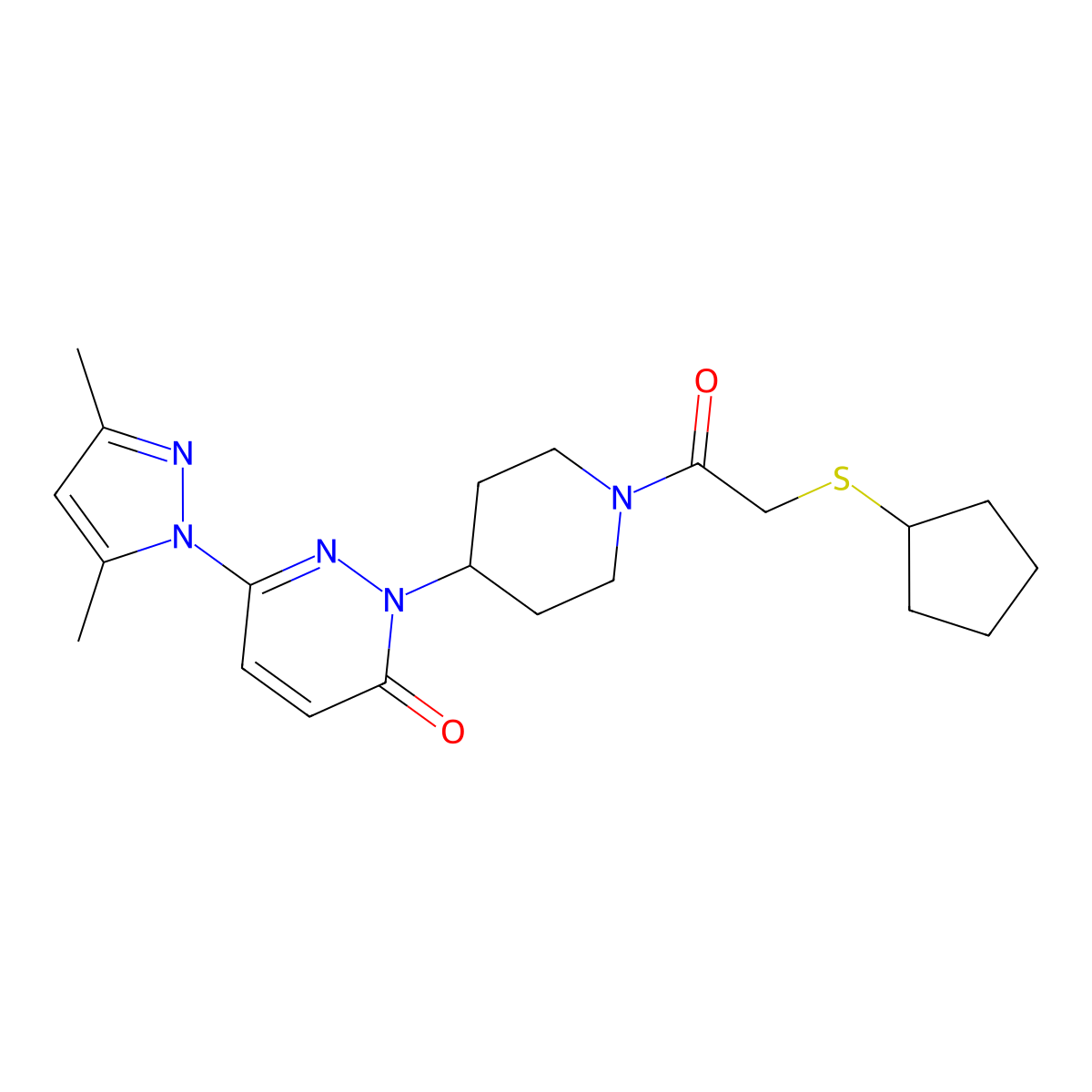 2-{1-[2-(cyclopentylsulfanyl)acetyl]piperidin-4-yl}-6-(3,5-dimethyl-1H-pyrazol-1-yl)-2,3-dihydropyridazin-3-one molecular structure, CAS 2380044-47-1