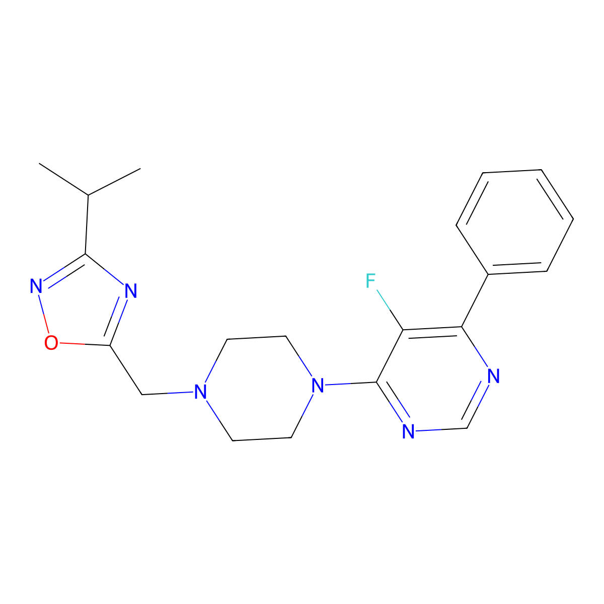 5-Fluoro-4-phenyl-6-(4-{[3-(propan-2-yl)-1,2,4-oxadiazol-5-yl]methyl}piperazin-1-yl)pyrimidine molecular structure, CAS 2380044-48-2