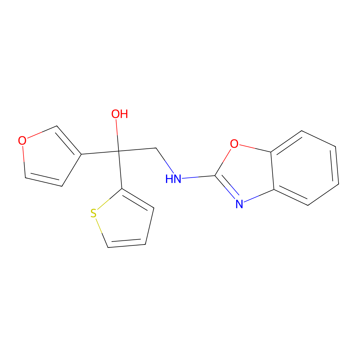 2-[(1,3-Benzoxazol-2-yl)amino]-1-(furan-3-yl)-1-(thiophen-2-yl)ethan-1-ol molecular structure, CAS 2380044-73-3
