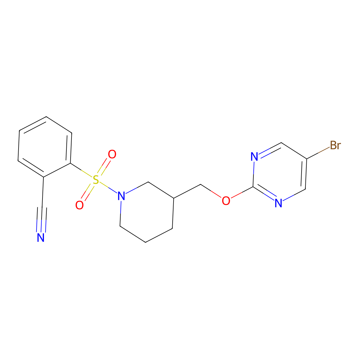 2-[(3-{[(5-Bromopyrimidin-2-yl)oxy]methyl}piperidin-1-yl)sulfonyl]benzonitrile molecular structure, CAS 2380044-80-2