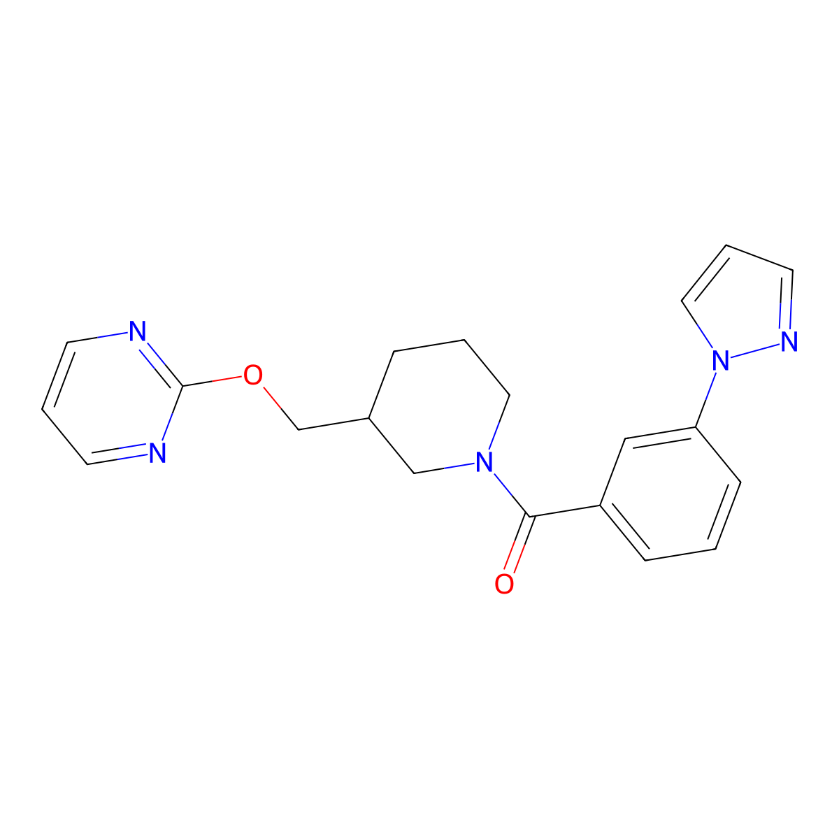 2-({1-[3-(1H-pyrazol-1-yl)benzoyl]piperidin-3-yl}methoxy)pyrimidine molecular structure, CAS 2380044-83-5