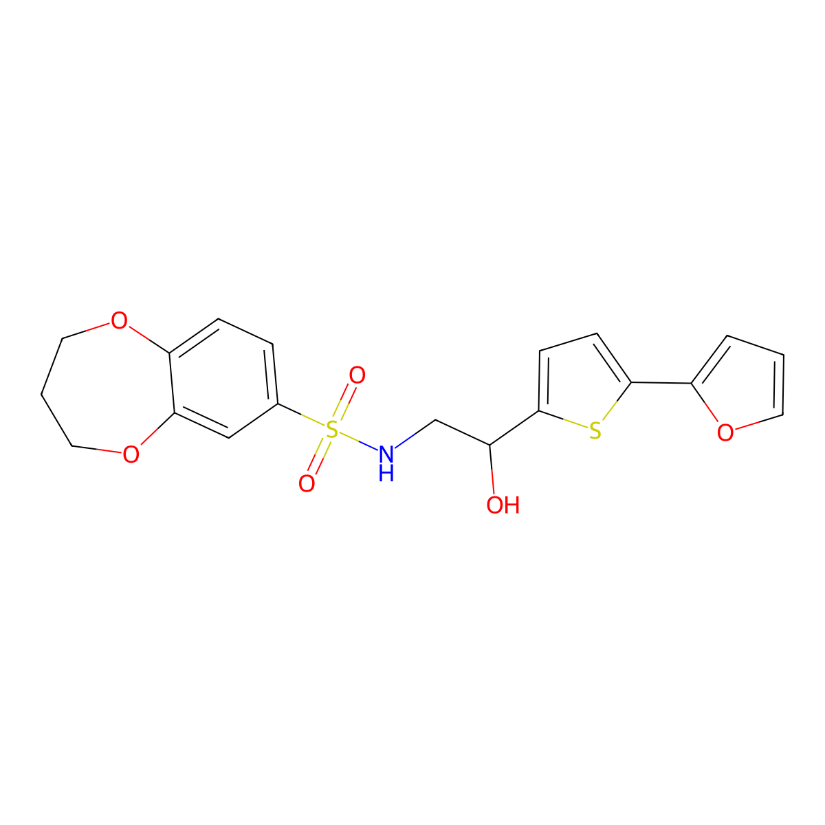 N-{2-[5-(furan-2-yl)thiophen-2-yl]-2-hydroxyethyl}-3,4-dihydro-2H-1,5-benzodioxepine-7-sulfonamide molecular structure, CAS 2380044-93-7