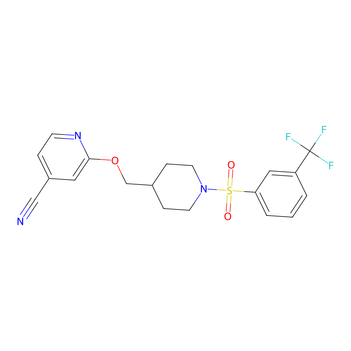 2-({1-[3-(Trifluoromethyl)benzenesulfonyl]piperidin-4-yl}methoxy)pyridine-4-carbonitrile molecular structure, CAS 2380056-35-7