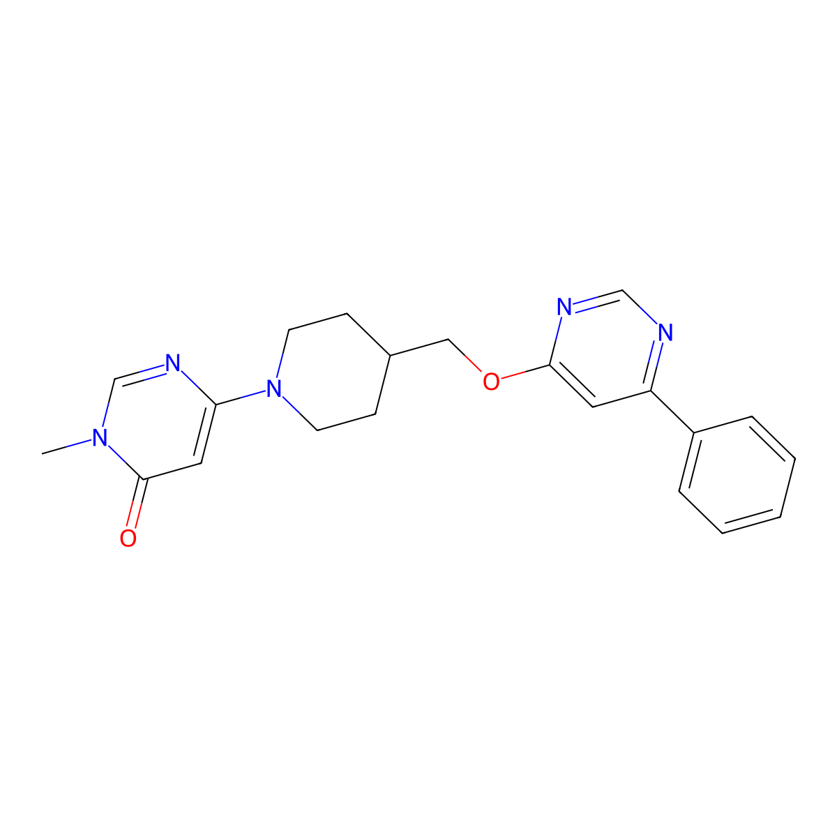 3-Methyl-6-(4-{[(6-phenylpyrimidin-4-yl)oxy]methyl}piperidin-1-yl)-3,4-dihydropyrimidin-4-one molecular structure, CAS 2380056-43-7