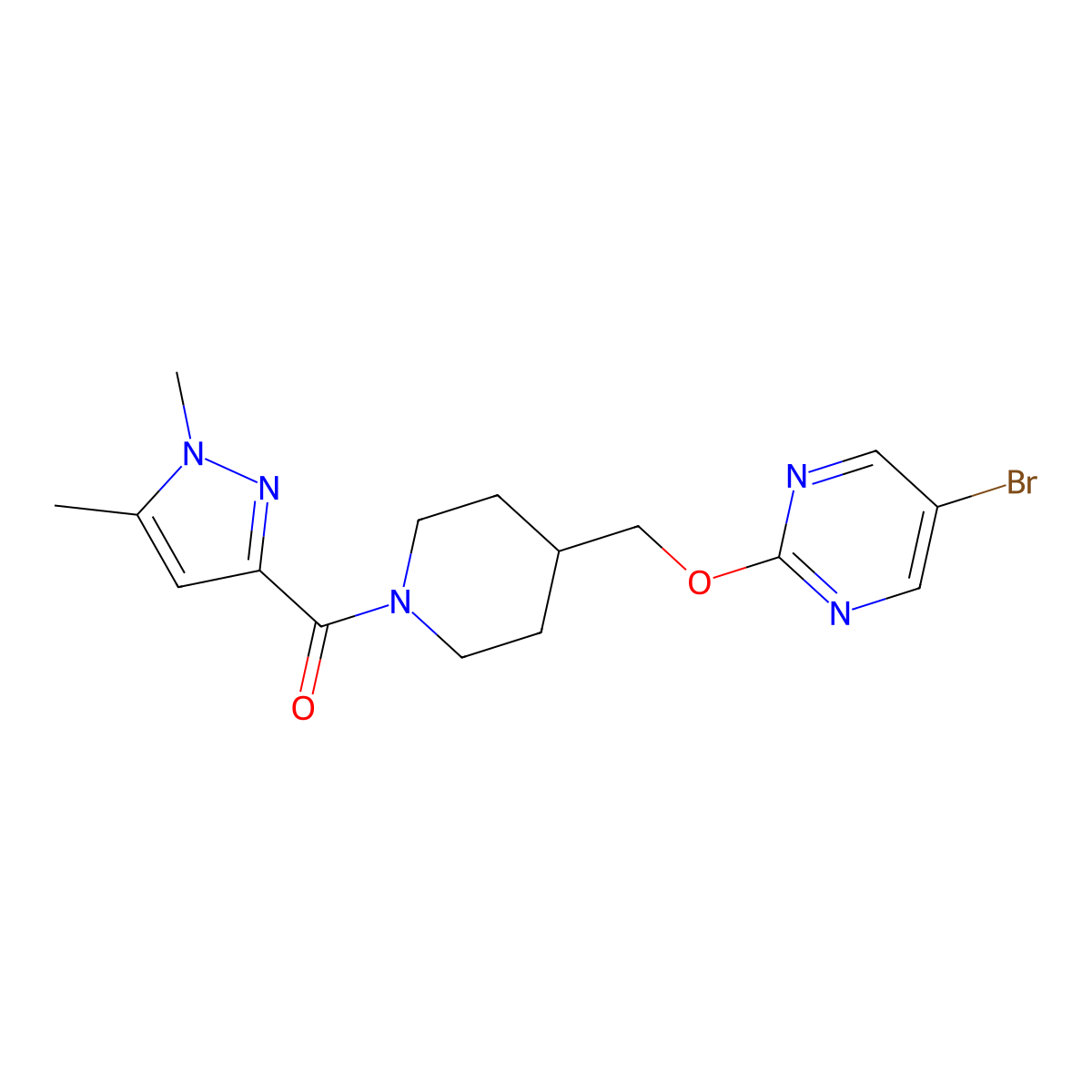 5-bromo-2-{[1-(1,5-dimethyl-1H-pyrazole-3-carbonyl)piperidin-4-yl]methoxy}pyrimidine molecular structure, CAS 2380056-56-2