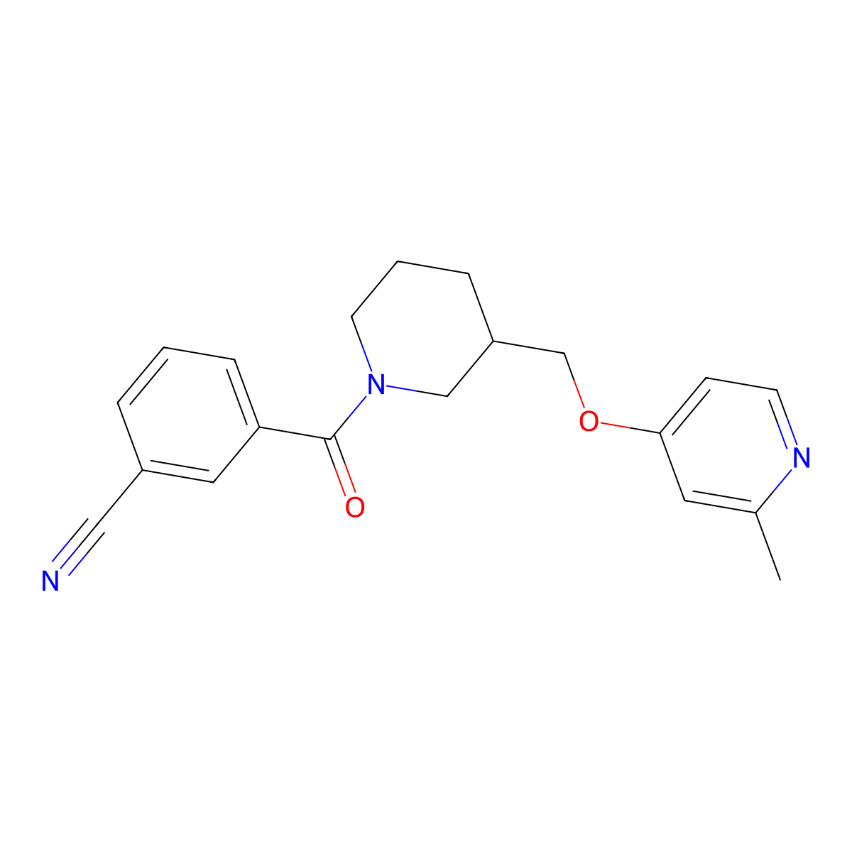 3-(3-{[(2-Methylpyridin-4-yl)oxy]methyl}piperidine-1-carbonyl)benzonitrile molecular structure, CAS 2380056-65-3