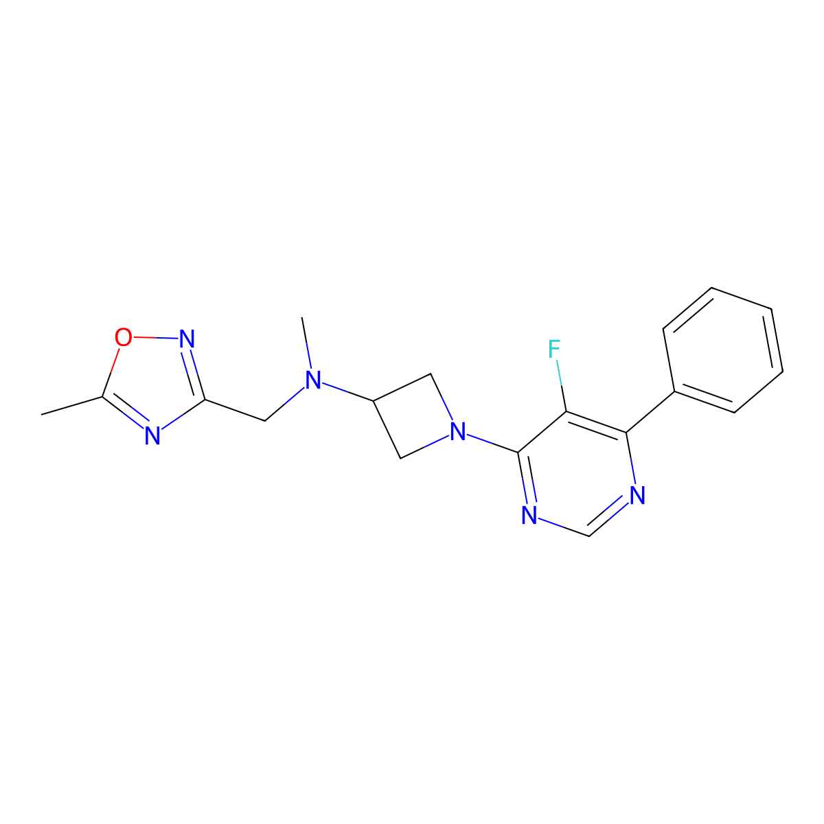 1-(5-Fluoro-6-phenylpyrimidin-4-yl)-N-methyl-N-[(5-methyl-1,2,4-oxadiazol-3-yl)methyl]azetidin-3-amine molecular structure, CAS 2380056-72-2