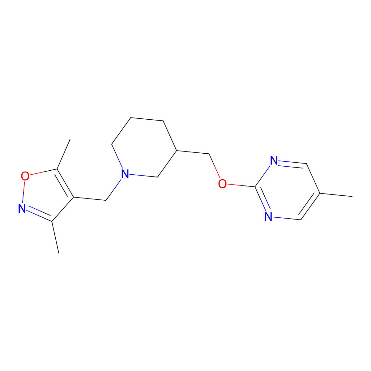 2-({1-[(3,5-Dimethyl-1,2-oxazol-4-yl)methyl]piperidin-3-yl}methoxy)-5-methylpyrimidine molecular structure, CAS 2380056-74-4