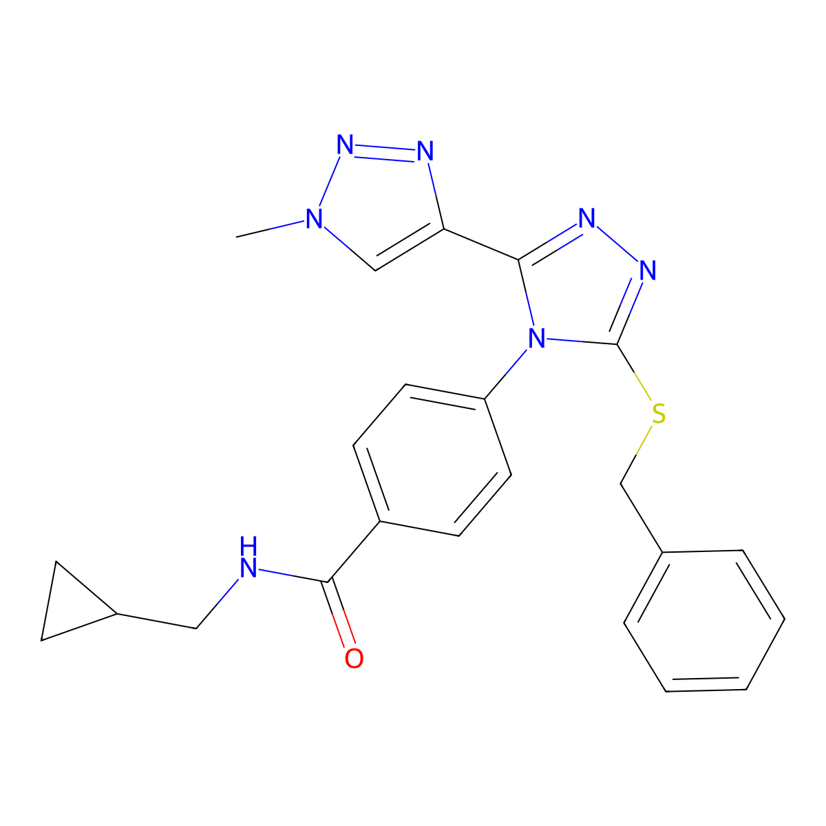 4-[3-(benzylsulfanyl)-5-(1-methyl-1H-1,2,3-triazol-4-yl)-4H-1,2,4-triazol-4-yl]-N-(cyclopropylmethyl)benzamide molecular structure, CAS 2380056-77-7
