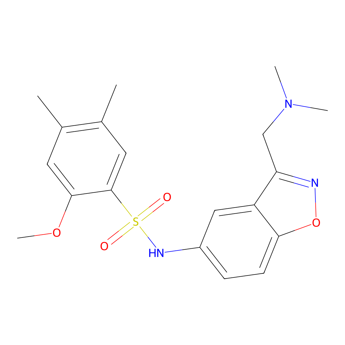 N-{3-[(dimethylamino)methyl]-1,2-benzoxazol-5-yl}-2-methoxy-4,5-dimethylbenzene-1-sulfonamide molecular structure, CAS 2380056-82-4