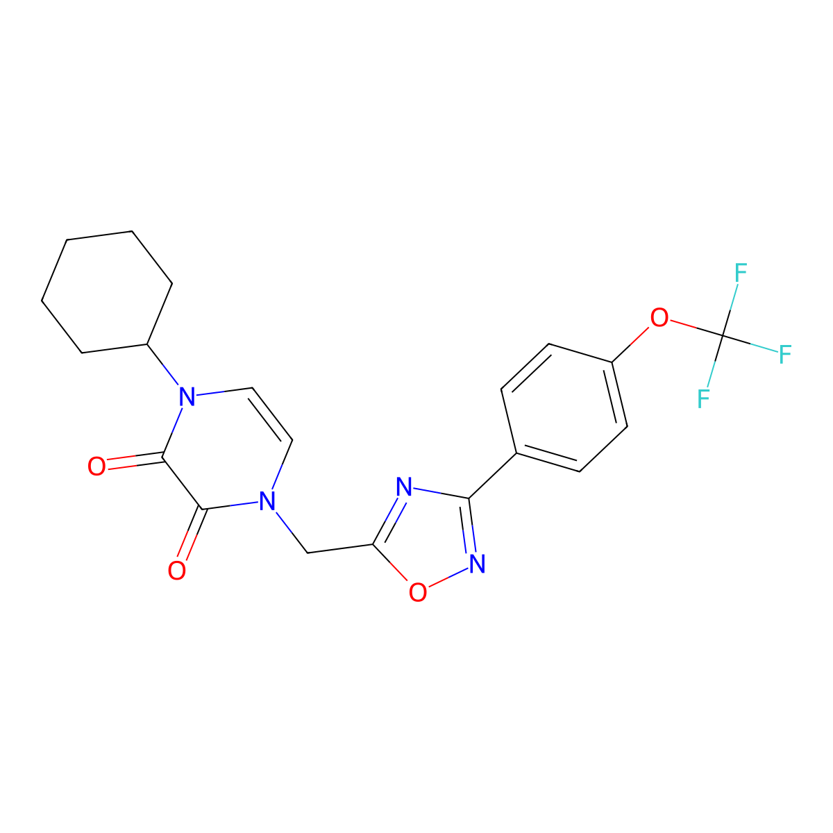 1-Cyclohexyl-4-({3-[4-(trifluoromethoxy)phenyl]-1,2,4-oxadiazol-5-yl}methyl)-1,2,3,4-tetrahydropyrazine-2,3-dione molecular structure, CAS 2380056-89-1