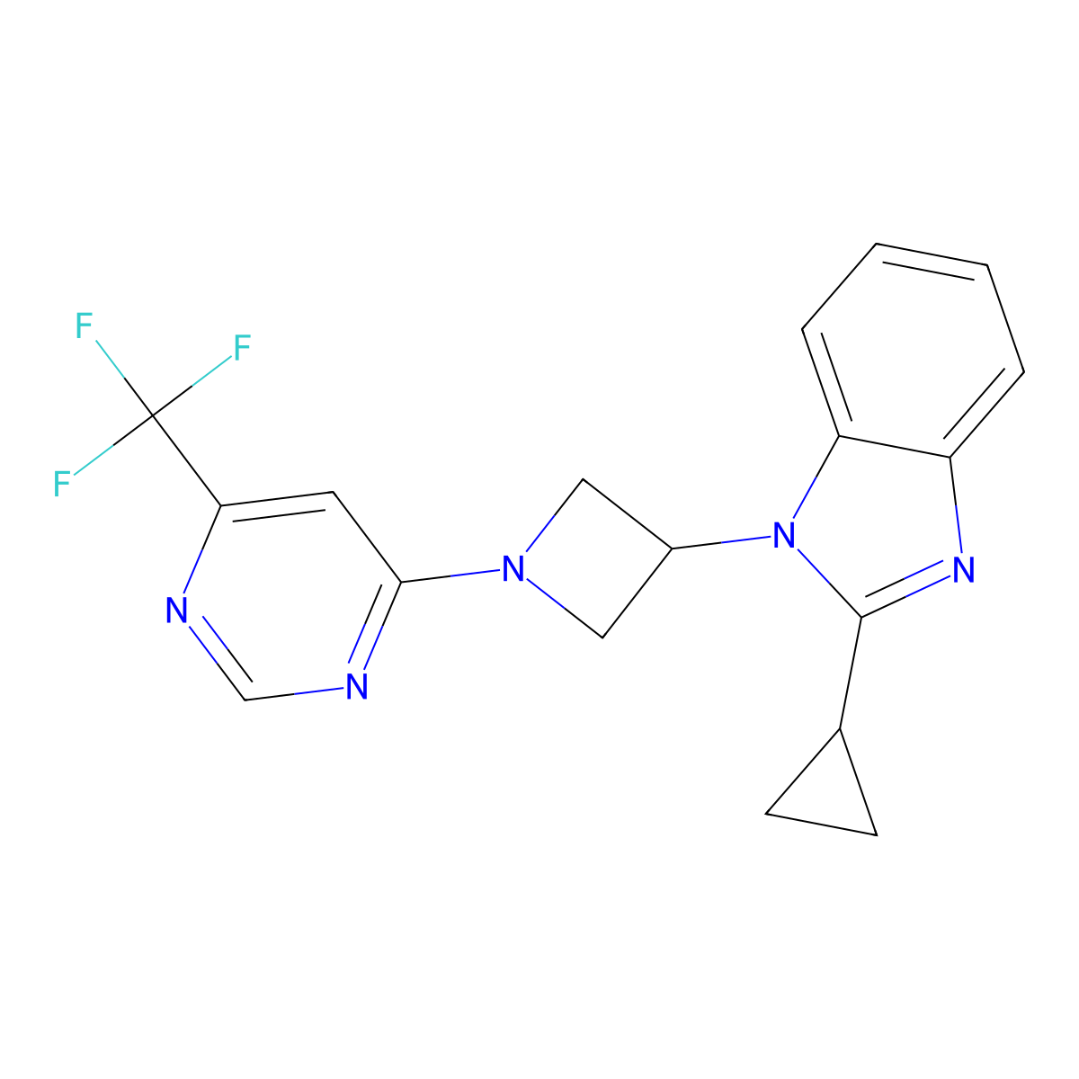 2-cyclopropyl-1-{1-[6-(trifluoromethyl)pyrimidin-4-yl]azetidin-3-yl}-1H-1,3-benzodiazole molecular structure, CAS 2380056-99-3