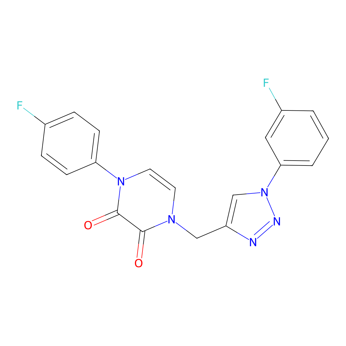 1-(4-fluorophenyl)-4-{[1-(3-fluorophenyl)-1H-1,2,3-triazol-4-yl]methyl}-1,2,3,4-tetrahydropyrazine-2,3-dione molecular structure, CAS 2380057-25-8