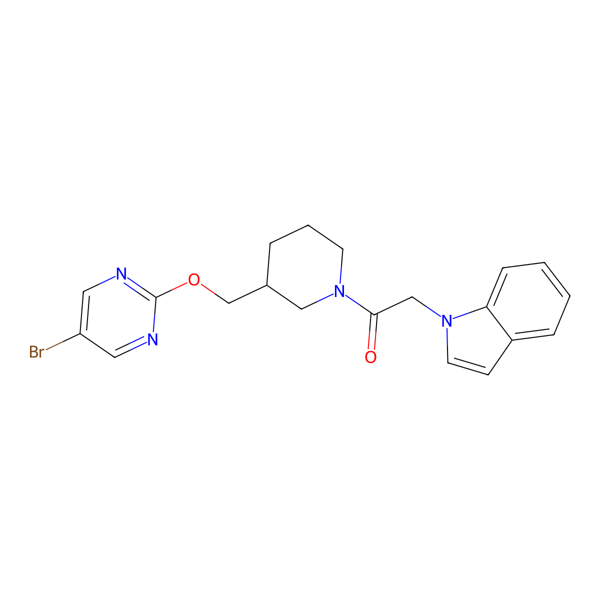 1-(3-{[(5-bromopyrimidin-2-yl)oxy]methyl}piperidin-1-yl)-2-(1H-indol-1-yl)ethan-1-one molecular structure, CAS 2380057-27-0
