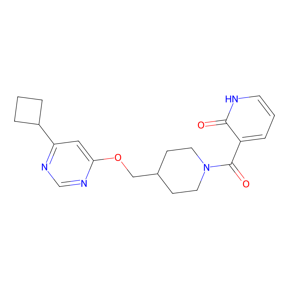 3-(4-{[(6-Cyclobutylpyrimidin-4-yl)oxy]methyl}piperidine-1-carbonyl)-1,2-dihydropyridin-2-one molecular structure, CAS 2380057-37-2