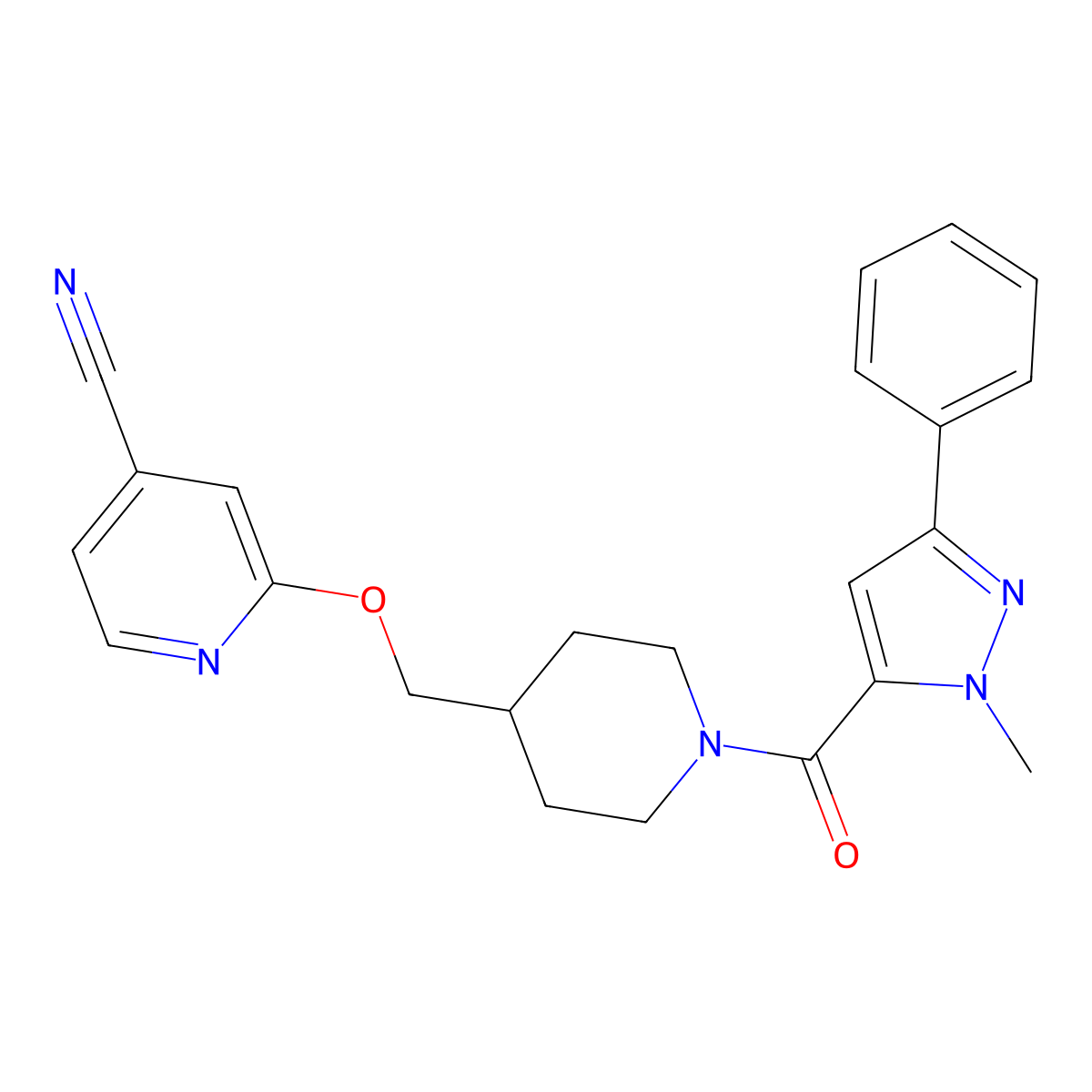 2-{[1-(1-methyl-3-phenyl-1H-pyrazole-5-carbonyl)piperidin-4-yl]methoxy}pyridine-4-carbonitrile molecular structure, CAS 2380057-63-4