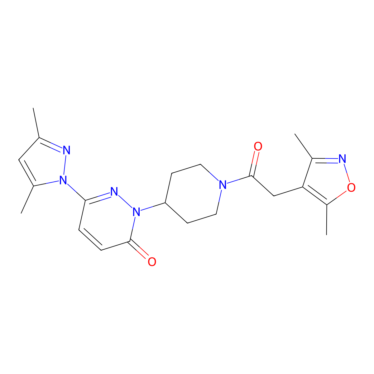 2-{1-[2-(3,5-dimethyl-1,2-oxazol-4-yl)acetyl]piperidin-4-yl}-6-(3,5-dimethyl-1H-pyrazol-1-yl)-2,3-dihydropyridazin-3-one molecular structure, CAS 2380057-70-3