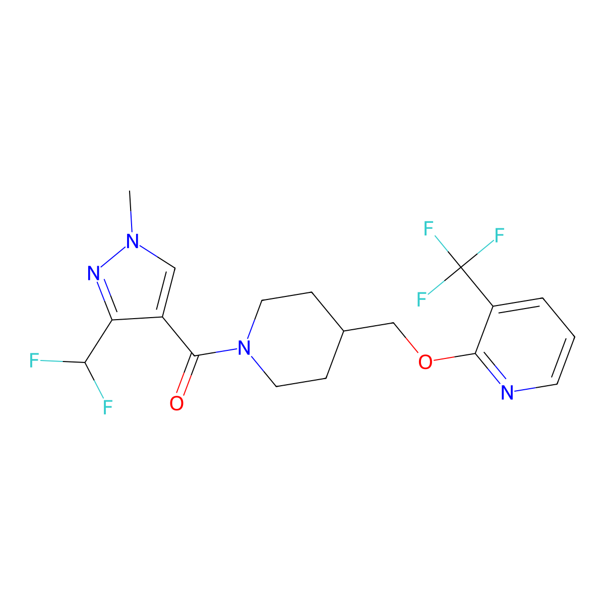2-({1-[3-(difluoromethyl)-1-methyl-1H-pyrazole-4-carbonyl]piperidin-4-yl}methoxy)-3-(trifluoromethyl)pyridine molecular structure, CAS 2380057-81-6