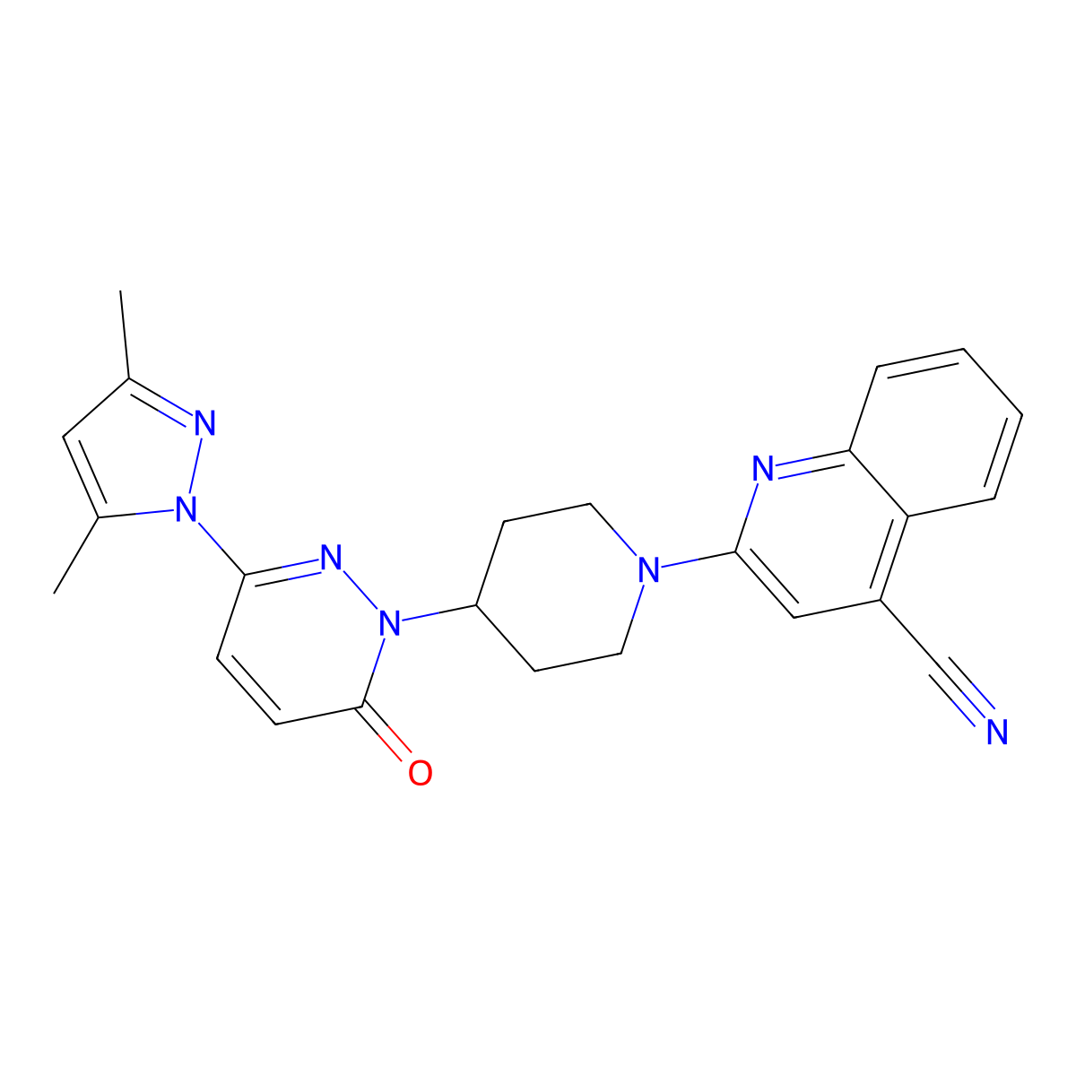 2-{4-[3-(3,5-dimethyl-1H-pyrazol-1-yl)-6-oxo-1,6-dihydropyridazin-1-yl]piperidin-1-yl}quinoline-4-carbonitrile molecular structure, CAS 2380057-83-8