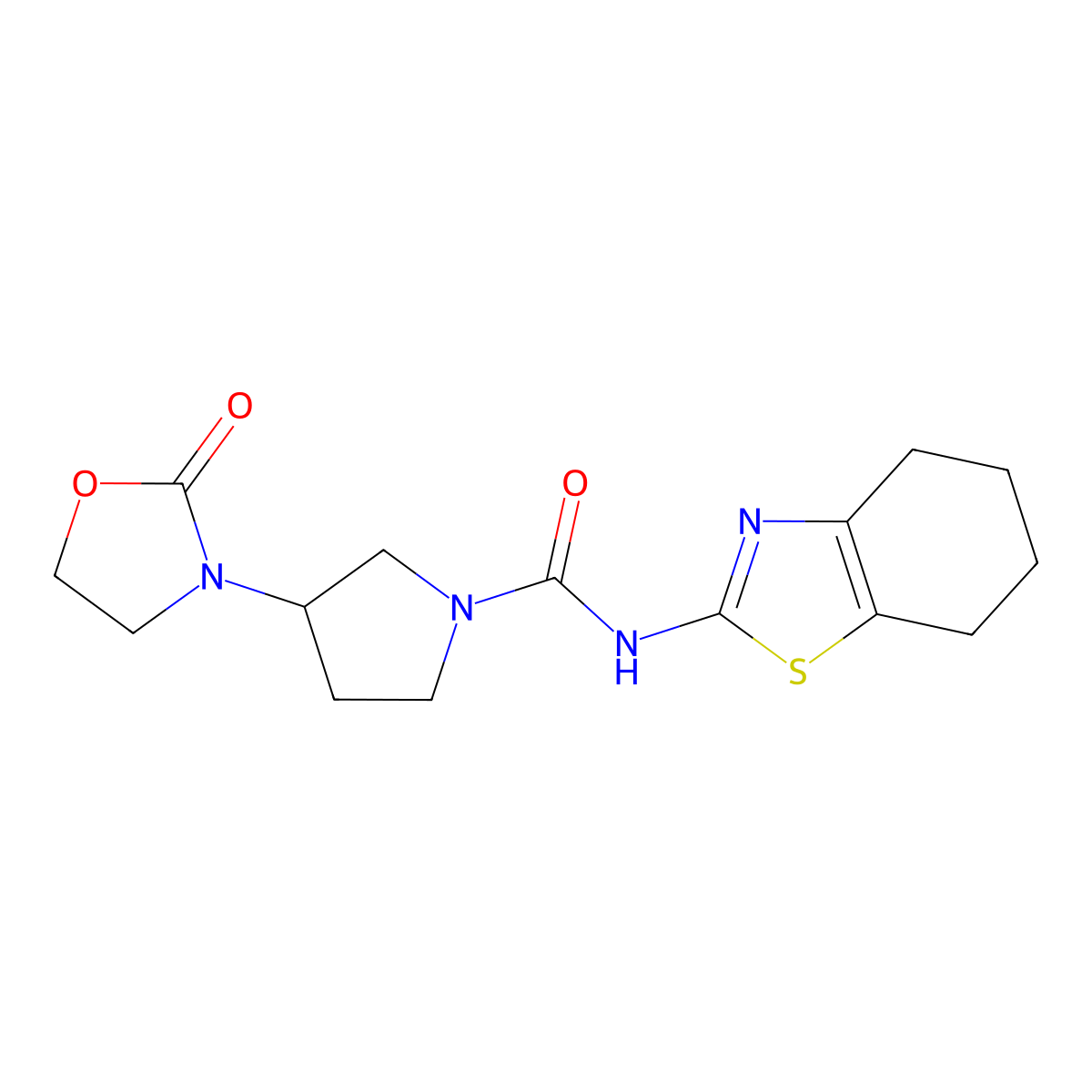 3-(2-Oxo-1,3-oxazolidin-3-yl)-N-(4,5,6,7-tetrahydro-1,3-benzothiazol-2-yl)pyrrolidine-1-carboxamide molecular structure, CAS 2380057-87-2