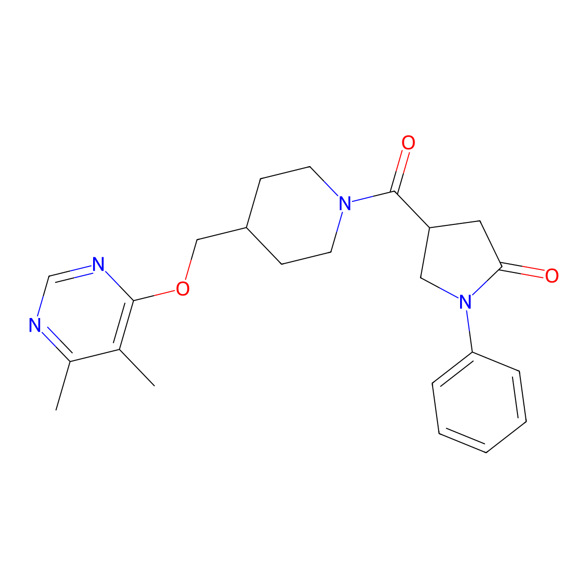 4-(4-{[(5,6-Dimethylpyrimidin-4-yl)oxy]methyl}piperidine-1-carbonyl)-1-phenylpyrrolidin-2-one molecular structure, CAS 2380058-15-9